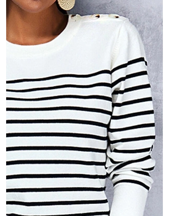 Kadın Uzun Kollu Omuzu Düğme Detay çizgili Triko Kazak