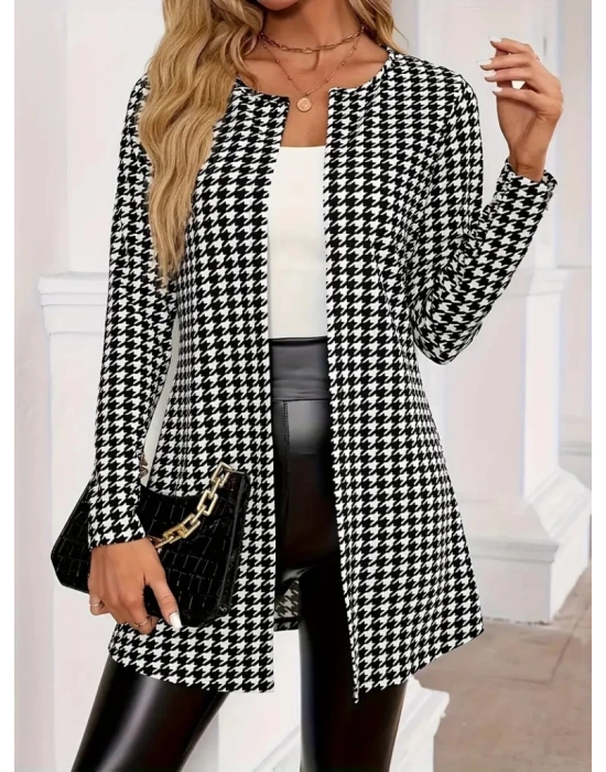 Kadın Uzun Kollu önden Açık Kazayağı Desenli Ceket