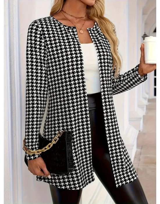 Kadın Uzun Kollu önden Açık Kazayağı Desenli Ceket