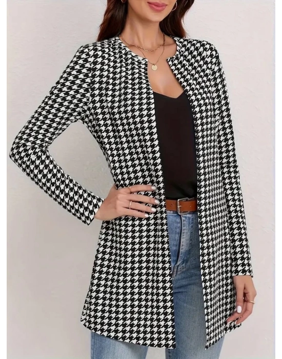 Kadın Uzun Kollu önden Açık Kazayağı Desenli Ceket