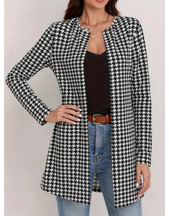 Kadın Uzun Kollu önden Açık Kazayağı Desenli Ceket