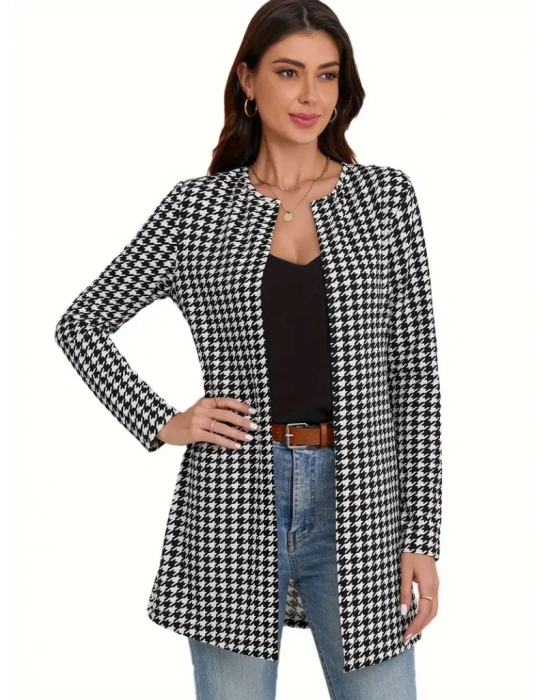 Kadın Uzun Kollu önden Açık Kazayağı Desenli Ceket