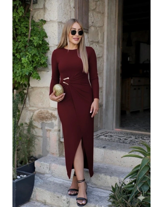 Kadın Uzun Kollu önden çapraz Detaylı Yandan Toka Detaylı Uzun Sandy Elbise