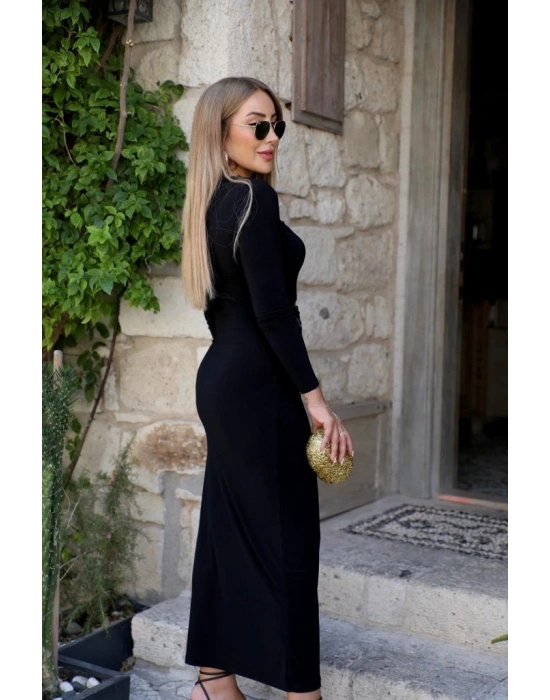 Kadın Uzun Kollu önden çapraz Detaylı Yandan Toka Detaylı Uzun Sandy Elbise