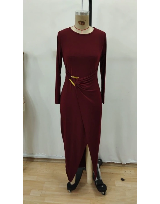 Kadın Uzun Kollu önden çapraz Detaylı Yandan Toka Detaylı Uzun Sandy Elbise