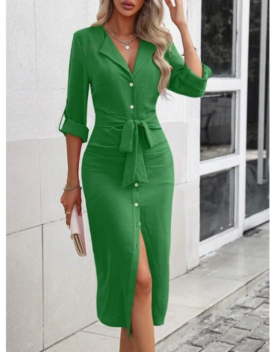 Kadın Uzun Kollu önden Düğmeli Beli Kuşaklı Aerobin Midi Elbise