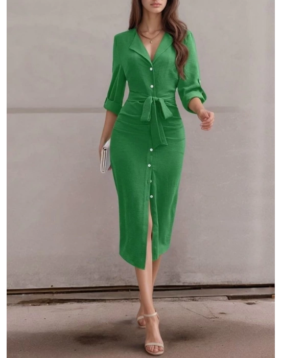 Kadın Uzun Kollu önden Düğmeli Beli Kuşaklı Aerobin Midi Elbise