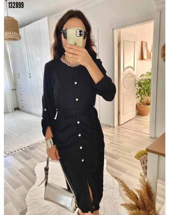 Kadın Uzun Kollu önden Düğmeli Beli Kuşaklı Aerobin Midi Elbise