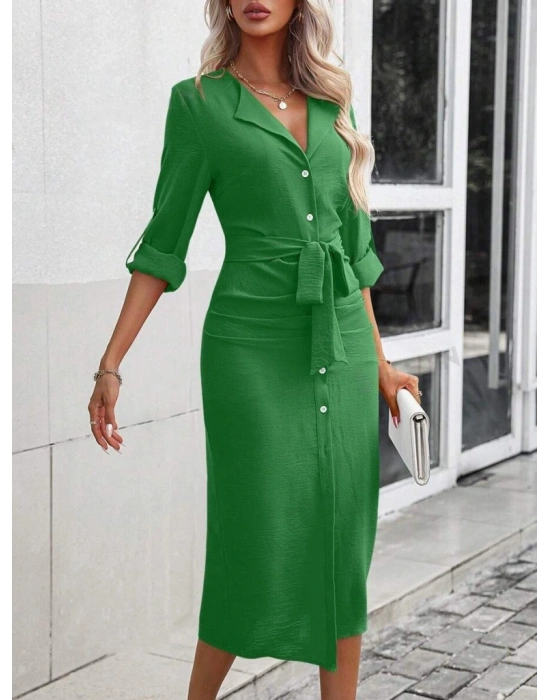 Kadın Uzun Kollu önden Düğmeli Beli Kuşaklı Aerobin Midi Elbise