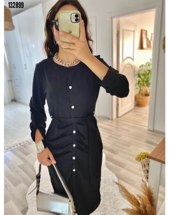 Kadın Uzun Kollu önden Düğmeli Beli Kuşaklı Aerobin Midi Elbise