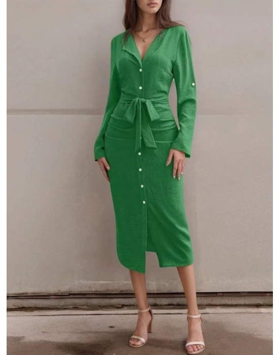 Kadın Uzun Kollu önden Düğmeli Beli Kuşaklı Aerobin Midi Elbise