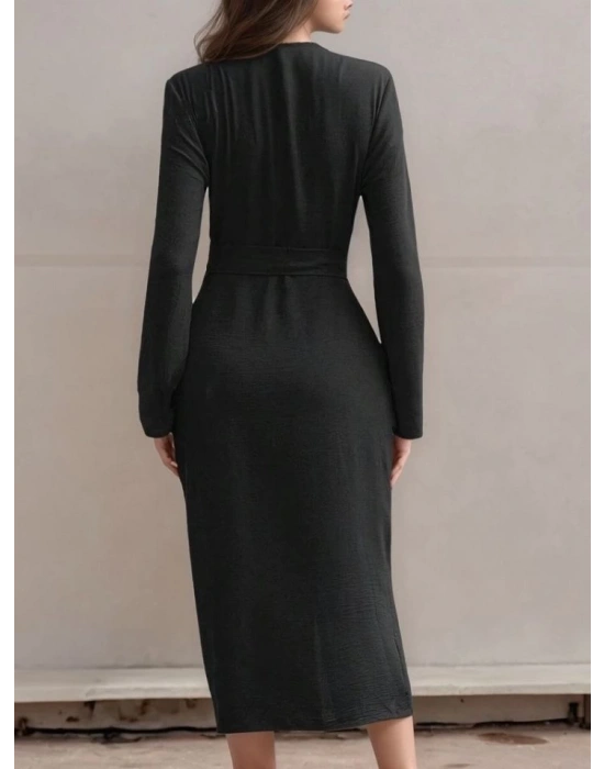 Kadın Uzun Kollu önden Düğmeli Beli Kuşaklı Aerobin Midi Elbise