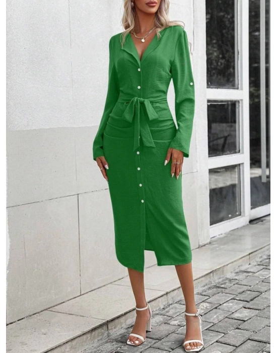 Kadın Uzun Kollu önden Düğmeli Beli Kuşaklı Aerobin Midi Elbise