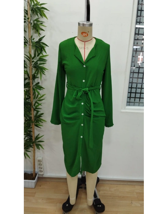 Kadın Uzun Kollu önden Düğmeli Beli Kuşaklı Aerobin Midi Elbise