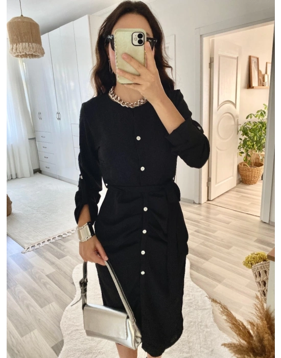 Kadın Uzun Kollu önden Düğmeli Beli Kuşaklı Aerobin Midi Elbise