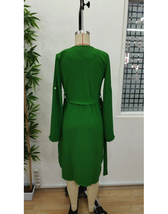 Kadın Uzun Kollu önden Düğmeli Beli Kuşaklı Aerobin Midi Elbise