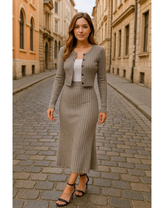 Kadın Uzun Kollu önden Düğmeli Bluz Ve Yüksek Bel A Kesim Uzun Etek şardonlu Kaşkorse Ikili Takım