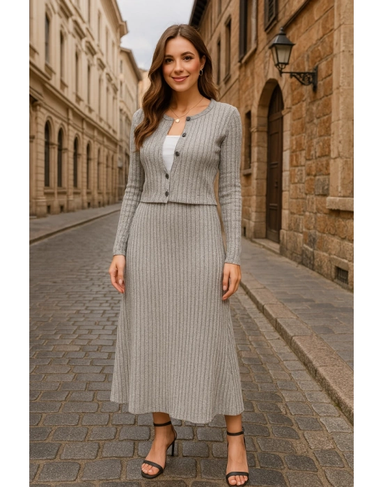 Kadın Uzun Kollu önden Düğmeli Bluz Ve Yüksek Bel A Kesim Uzun Etek şardonlu Kaşkorse Ikili Takım