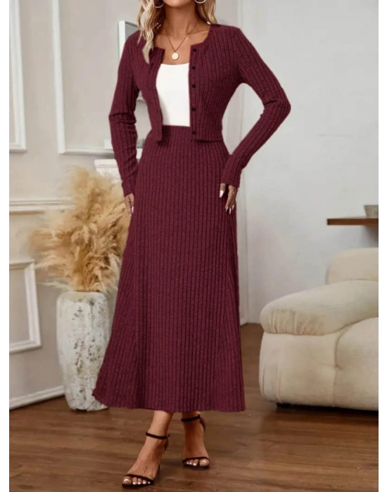 Kadın Uzun Kollu önden Düğmeli Bluz Ve Yüksek Bel A Kesim Uzun Etek şardonlu Kaşkorse Ikili Takım