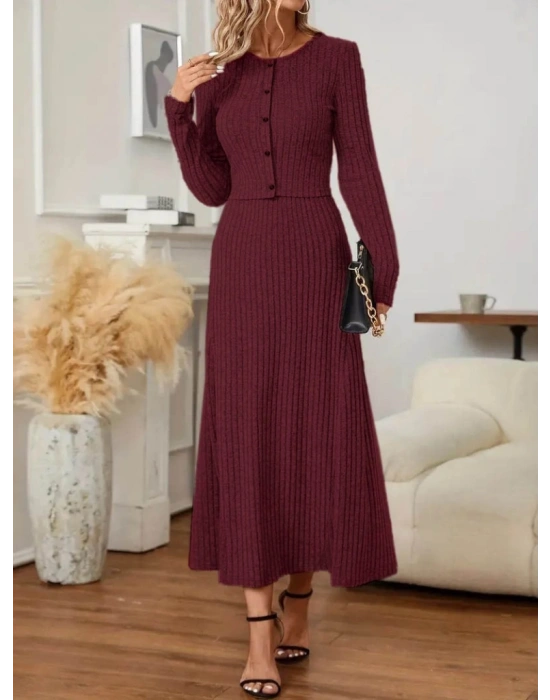 Kadın Uzun Kollu önden Düğmeli Bluz Ve Yüksek Bel A Kesim Uzun Etek şardonlu Kaşkorse Ikili Takım