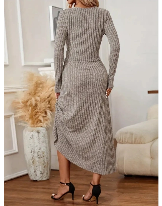 Kadın Uzun Kollu önden Düğmeli Bluz Ve Yüksek Bel A Kesim Uzun Etek şardonlu Kaşkorse Ikili Takım