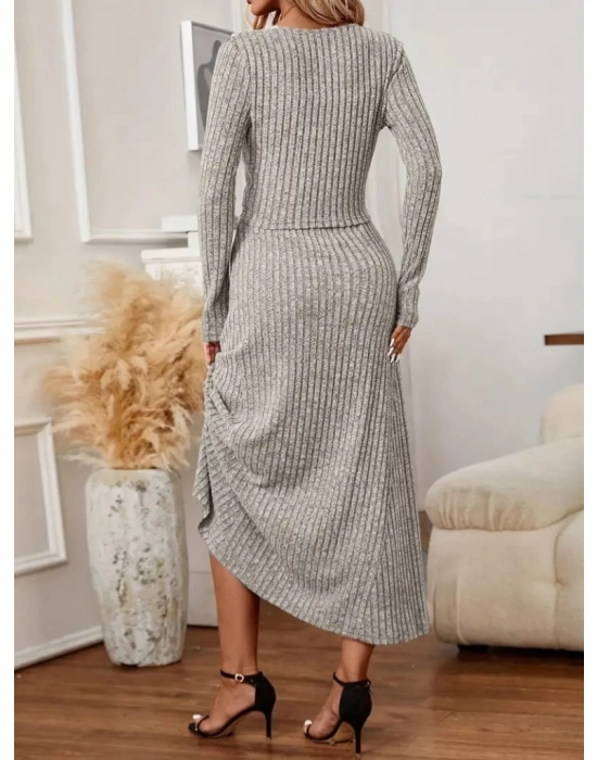 Kadın Uzun Kollu önden Düğmeli Bluz Ve Yüksek Bel A Kesim Uzun Etek şardonlu Kaşkorse Ikili Takım