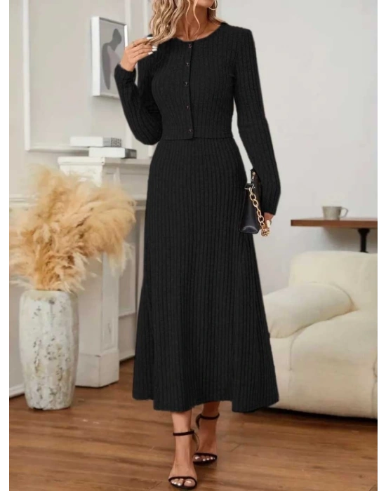 Kadın Uzun Kollu önden Düğmeli Bluz Ve Yüksek Bel A Kesim Uzun Etek şardonlu Kaşkorse Ikili Takım