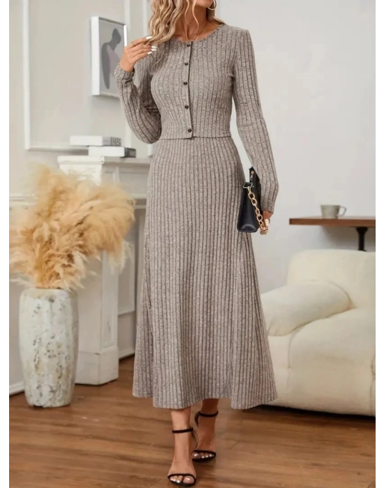 Kadın Uzun Kollu önden Düğmeli Bluz Ve Yüksek Bel A Kesim Uzun Etek şardonlu Kaşkorse Ikili Takım