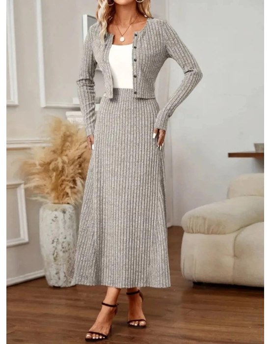 Kadın Uzun Kollu önden Düğmeli Bluz Ve Yüksek Bel A Kesim Uzun Etek şardonlu Kaşkorse Ikili Takım