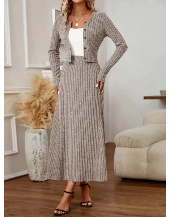 Kadın Uzun Kollu önden Düğmeli Bluz Ve Yüksek Bel A Kesim Uzun Etek şardonlu Kaşkorse Ikili Takım