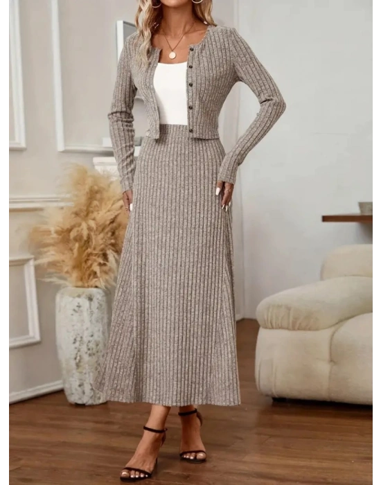 Kadın Uzun Kollu önden Düğmeli Bluz Ve Yüksek Bel A Kesim Uzun Etek şardonlu Kaşkorse Ikili Takım