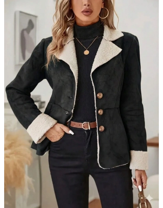 Kadın Uzun Kollu önden Düğmeli Cep Detaylı Kısa Süet Ceket