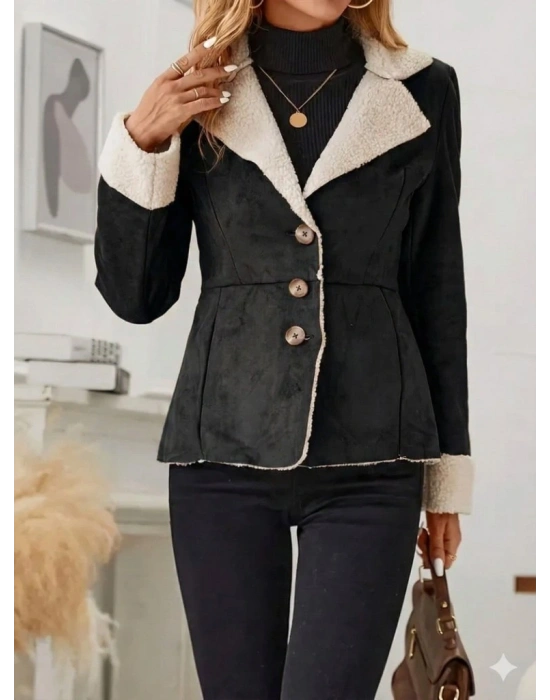 Kadın Uzun Kollu önden Düğmeli Cep Detaylı Kısa Süet Ceket