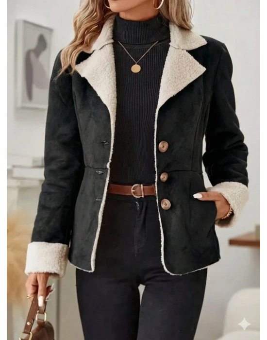 Kadın Uzun Kollu önden Düğmeli Cep Detaylı Kısa Süet Ceket