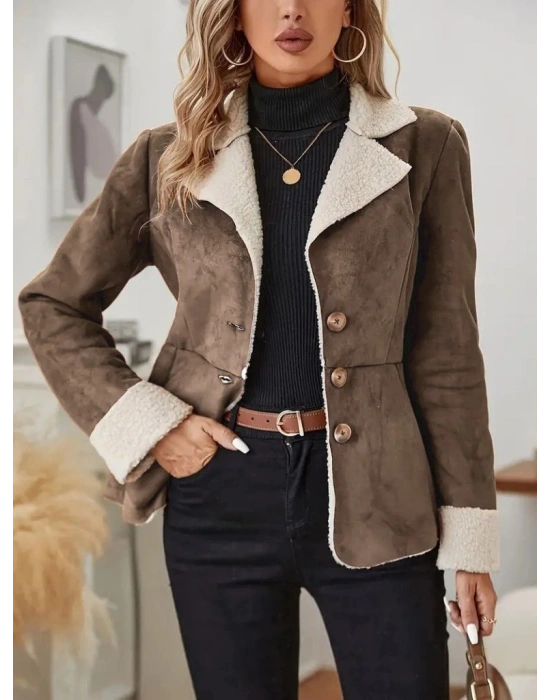 Kadın Uzun Kollu önden Düğmeli Cep Detaylı Kısa Süet Ceket