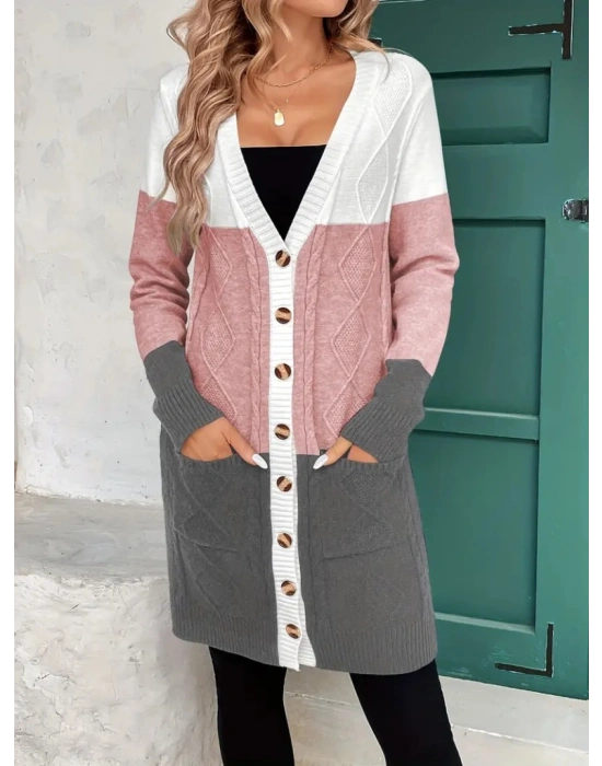 Kadın Uzun Kollu önden Düğmeli Ve Cepli Karışık Renkli Triko Hırka