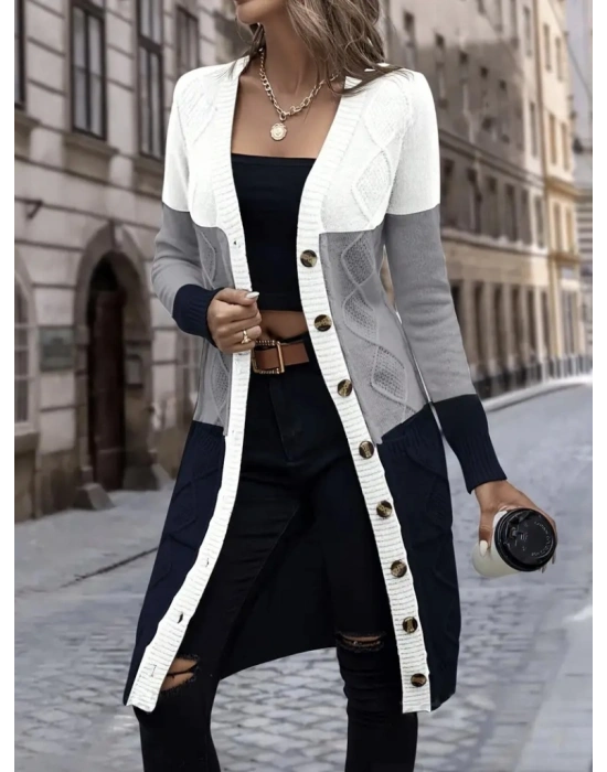 Kadın Uzun Kollu önden Düğmeli Ve Cepli Karışık Renkli Triko Hırka