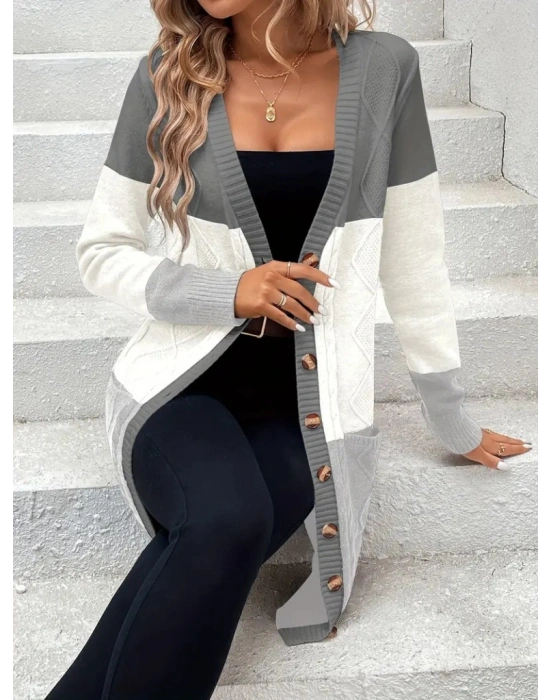 Kadın Uzun Kollu önden Düğmeli Ve Cepli Karışık Renkli Triko Hırka