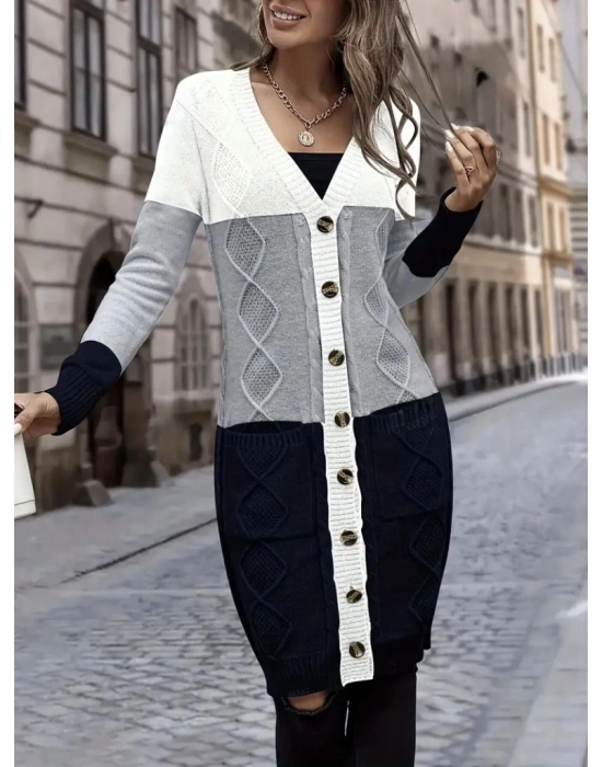 Kadın Uzun Kollu önden Düğmeli Ve Cepli Karışık Renkli Triko Hırka