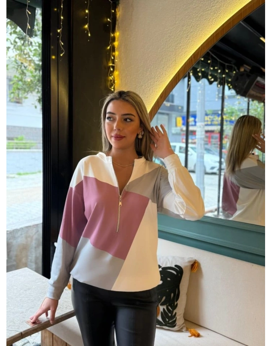 Kadın Uzun Kollu önden Fermuar Detaylı Desenli şardonlu Dalgıç Bluz