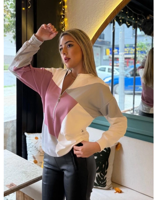 Kadın Uzun Kollu önden Fermuar Detaylı Desenli şardonlu Dalgıç Bluz