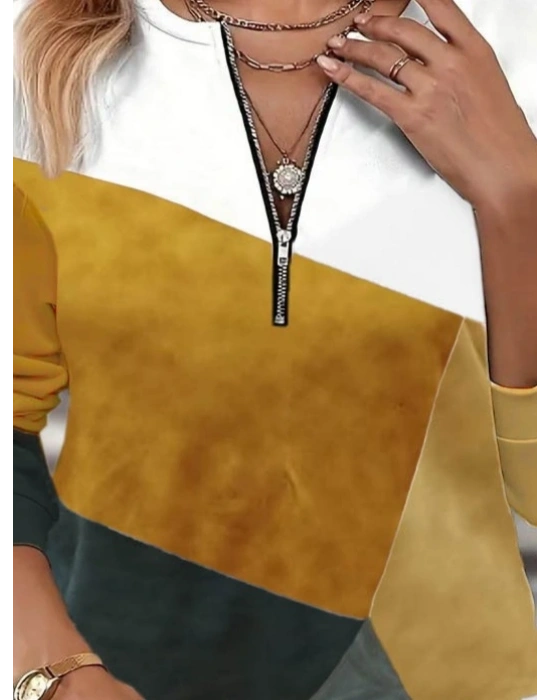 Kadın Uzun Kollu önden Fermuar Detaylı Desenli şardonlu Dalgıç Bluz