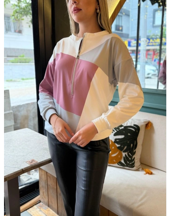 Kadın Uzun Kollu önden Fermuar Detaylı Desenli şardonlu Dalgıç Bluz