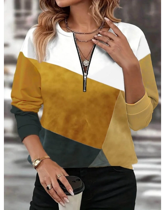 Kadın Uzun Kollu önden Fermuar Detaylı Desenli şardonlu Dalgıç Bluz