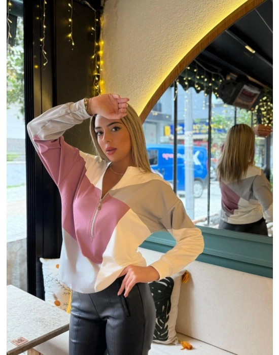 Kadın Uzun Kollu önden Fermuar Detaylı Desenli şardonlu Dalgıç Bluz