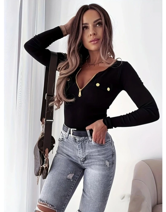 Kadın Uzun Kollu önden Fermuar Ve Cepli Kaşkorse Bluz