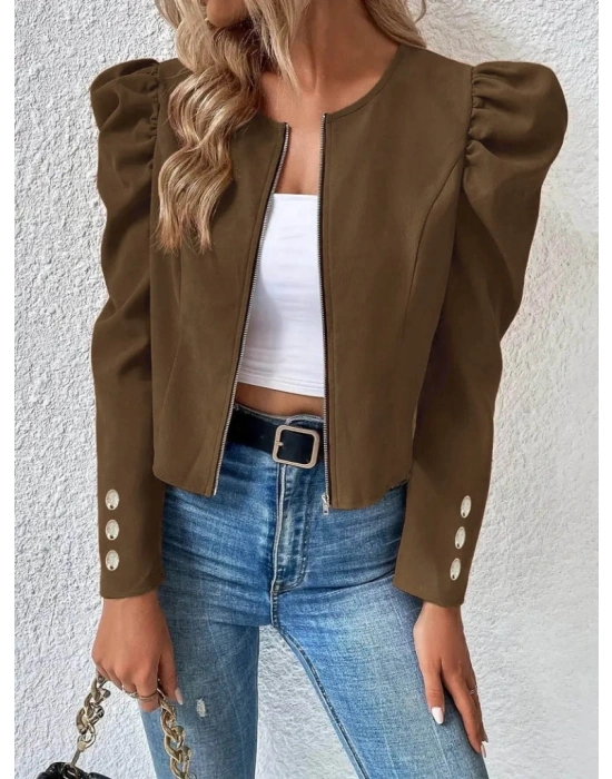 Kadın Uzun Kollu önden Fermuarlı Balon Kol Süet Ceket
