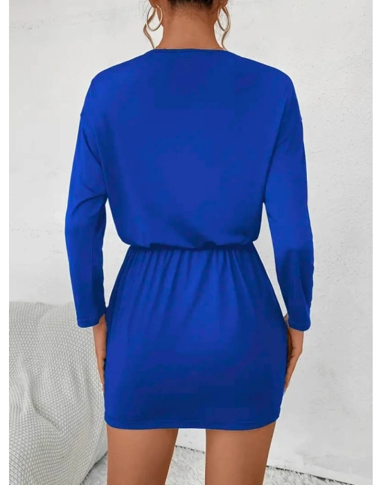 Kadın Uzun Kollu önden Fermuarlı Beli Bağcıklı Kısa Viskon Iki Iplik Elbise