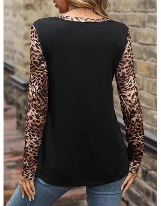 Kadın Uzun Kollu önden Fermuarlı Cepli Leopar Detaylı Viskon