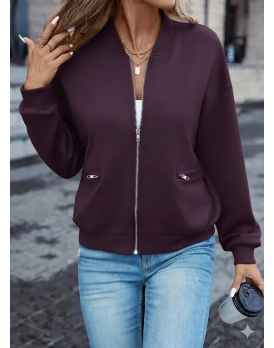 Kadın Uzun Kollu önden Fermuarlı Cepli Modal Mürdüm Ceket